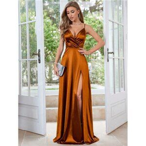 Vintage 1950's Style Surplice Neck Split Thigh Formal Elegant Prom Dress